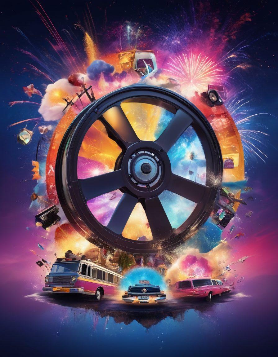 A captivating digital collage representing the world of entertainment, featuring a torrent symbol transforming into a vibrant film reel, surrounded by icons of music, gaming, and streaming. The background is a burst of colors symbolizing creativity and enjoyment, with a whimsical touch of clouds and fireworks. The scene should evoke a sense of excitement and ease in discovering entertainment through torrenting. vibrant colors. digital art.