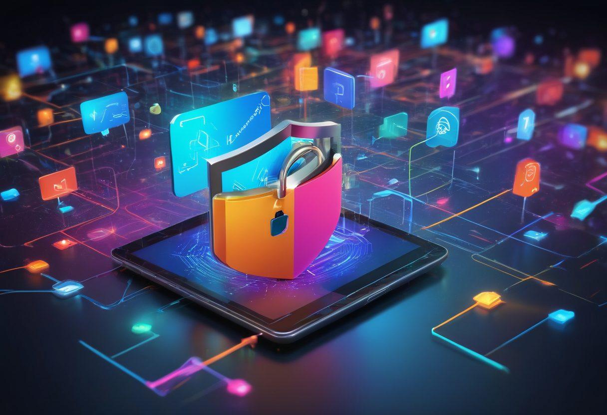 A dynamic digital landscape showcasing fast file sharing through vibrant arrows connecting various devices like smartphones, tablets, and laptops. Incorporate elements symbolizing security, such as a shield and lock icons, intertwined with colorful data streams. Visualize a bright and engaging atmosphere that reflects speed and efficiency, with a hint of modern technology. super-realistic. vibrant colors. 3D.