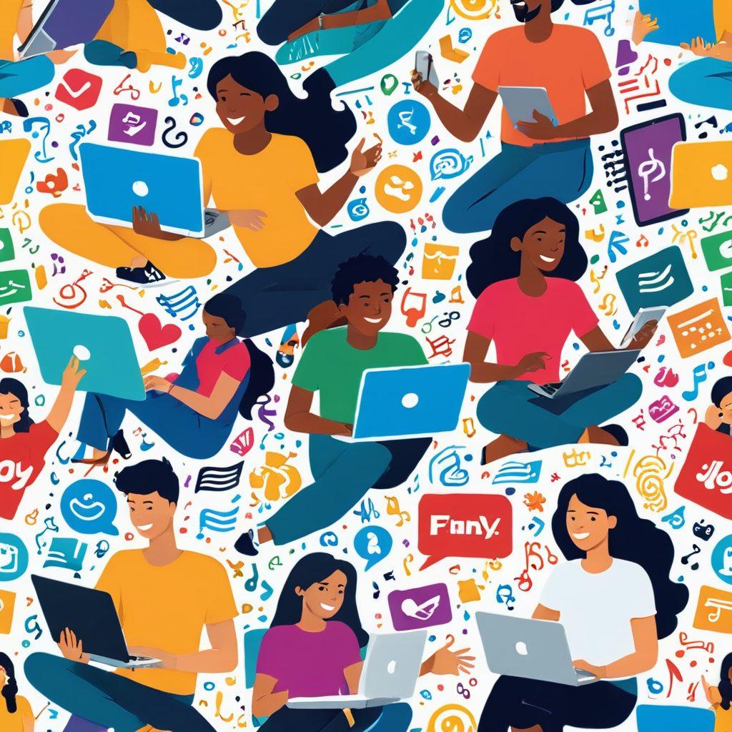 A vibrant, lively scene depicting a group of diverse friends joyfully sharing digital files via devices like laptops and smartphones, surrounded by lively graphics of torrent icons and colorful download bars. The background should be filled with floating musical notes and a variety of happy emojis to emphasize the joy of sharing. Bright and engaging colors to represent a fun digital landscape, conveying excitement and ease. vector art. vibrant colors. white background.